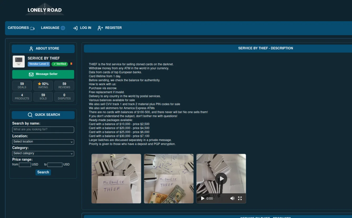 Online store interface showcasing 'SERVICE BY THIEF' offer